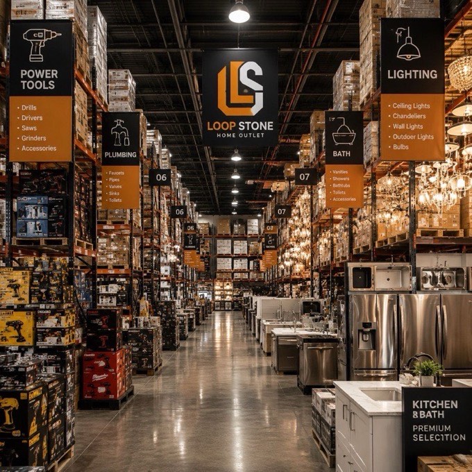 Kitchen and bath department aisle at Loop Stone Home Outlet